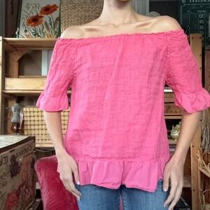 Terzo Millennio Pink Linen Off Shoulder Ruffle Hem Blouse Made in Italy Small